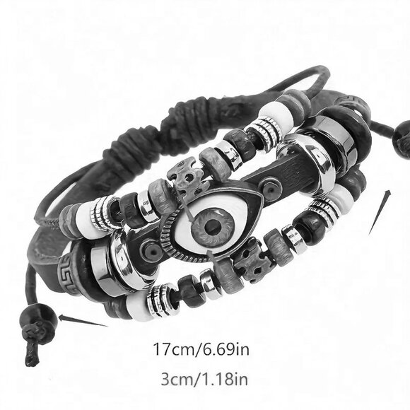 Leather Bracelet Cuff Bangle Layered Boho Beads Thrid Eye Evil Luck Hippie evil - Picture 2 of 2